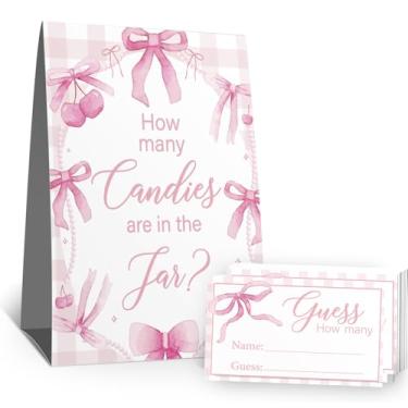 Imagem de Placa Guess How Many Candies (1 placa de pé - 50 cartões de adivinhação) Kit de cartões de atividades com tema de arco rosa para chás de bebê, festas de recém-nascidos, chá de panela, noivado, chá de