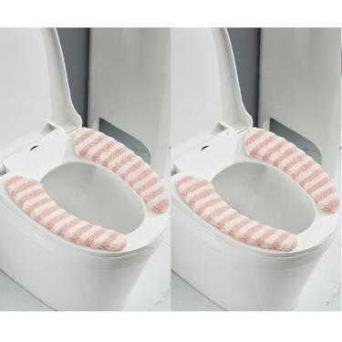 Imagem de 2 pares de capas de assento de vaso sanitário grossas e quentes | Almofada de espuma viscoelástica lavável e reutilizável para vasos sanitários alongados (rosa)
