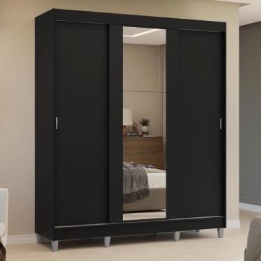Imagem de Guarda-Roupa Casal com Pés 3 Portas de Correr com Espelho Preto Reno M