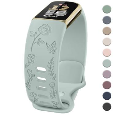 Imagem de Pulseira com gravação floral compatível com Fitbit Charge 6/5, mulheres e homens, pulseiras de substituição macias para Fitbit Charge 6/5 Advanced Fitness & Health Tracker (ciano claro)