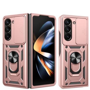 Imagem de RKINC Capa para Samsung Galaxy Z Fold 7 com capa deslizante para câmera e anel giratório com suporte de grau militar à prova de choque com suporte magnético para carro, ouro rosa