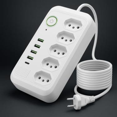 Imagem de Filtro de Linha Extensão Elétrica 5 Tomadas Bivolt com Entradas USB Tipo C – Protetor Contra Surtos e Sobretensão, Cabo Reforçado, Ideal para Escritório e Casa