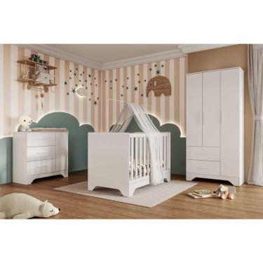 Imagem de Quarto Infantil Completo Popy 3 Peças (1guardaroupa+1berço+1cômoda) Qi109 Branco - Peroba