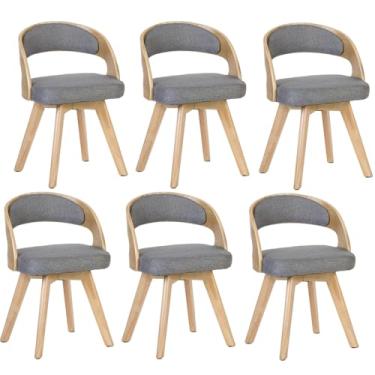 Imagem de HGTRH Cadeiras de jantar de madeira, cadeira estofada giratória com almofada de linho de algodão e encosto oco em arco pernas de madeira para quarto e cozinha E 6 peças