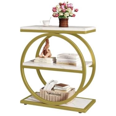 Imagem de IBUYKE Mesa de canto estreita com 3 prateleiras de armazenamento, mesa lateral de sofá industrial, molduras de metal redondas duplas, mesa de cabeceira fina e mesa de cabeceira para quarto, sala de