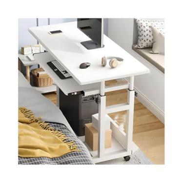 Imagem de HGTRH Mesa de suporte sentada, mesa de computador com 4 rodízios, freios com bandeja de teclado/rack de armazenamento, tubo de aço grosso, faixa de elevação de 69-85 cm, branco quente 80 cm