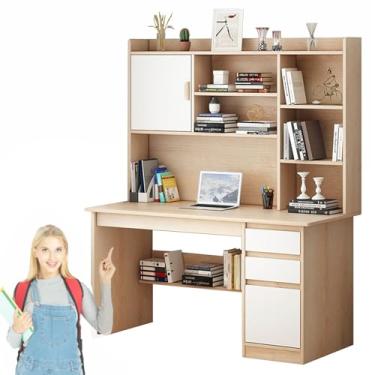 Imagem de Mesa de computador com gaiola e estante, mesa de escritório moderna em casa com gavetas, mesa de jogos, mesa de escrita, mesa de trabalho, mesa de trabalho para trabalhar e estudar placa de densidade