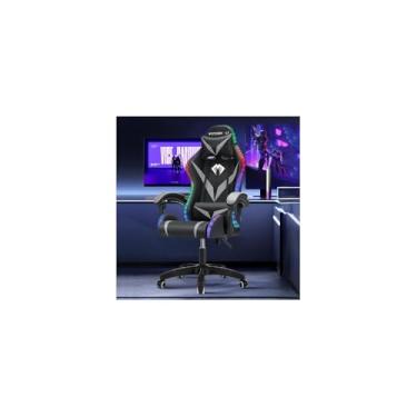 Imagem de Cadeira Gamer Giratória, Couro Sintético, Reclinável 160°, RGB com Controle Remoto, Base Metal Reforçado, Suporta 120kg, Preta e Branca