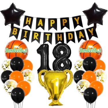 Imagem de Balão esportivo preto de 18 anos, decoração esportiva de 18 anos, 18 anos, troféu de basquete, 18 balões, tema esportivo de basquete dourado, decoração de festa para crianças, meninos, decoração de