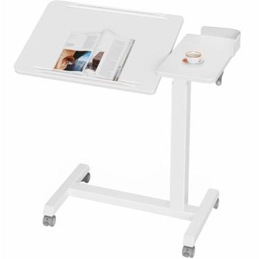 Imagem de HGTRH Mesa auxiliar em forma C altura ajustável, mesa de pé com tábua inclinável, protetor de bordas e rodas bloqueáveis, prática mesa portátil para sofá, cama, escritório, sala de aula branca