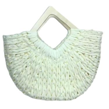 Imagem de Bolsa de Mão Feminina em Palha Trançada, Branca, Alça de Madeira, Estilo Semicircular