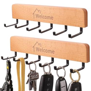 Imagem de SCUNDA Porta-chaves de madeira com ganchos de metal, adesivo sem broca e parafusos, organizador de entrada de parede para chaves, casacos, chapéus, decoração de parede rústica de casa de fazenda para