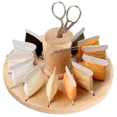 Imagem de ZFLYCANP Suporte de bobina de fio dental, organizador de bobina com capacidade de 14 compartimentos, suporte de bobina de mesa, design magnético de madeira de faia, economia de espaço para placas de