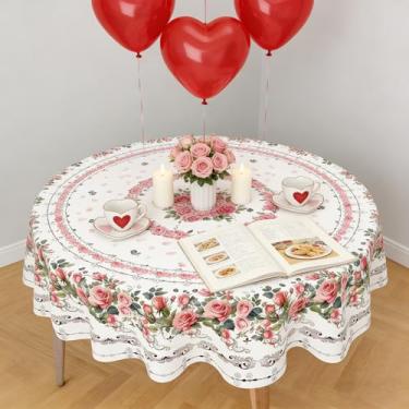Imagem de Toalha de mesa redonda floral para dia dos namorados, estampa rosa rosa, tecido impermeável e lavável, toalha de mesa resistente a rugas para jantar romântico, aniversário, decoração de mesa de jantar