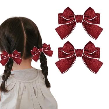 Imagem de Arcos de cabelo vermelho escuro, clipes de fita, laços de fio de 10 cm, laços de jacaré, presilhas, alfinetes, laços uniformes elegantes com bola de renda, acessórios de cabelo para festa de