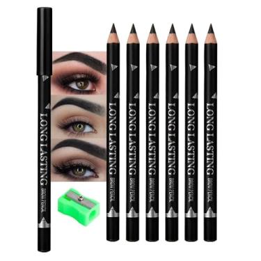 Imagem de Lápis de sobrancelha marrom com apontador, 6 peças de lápis delineador de sobrancelha de madeira dura para maquiagem iniciante, à prova d'água e à prova de suor, marrom escuro