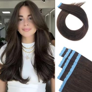 Imagem de Extensões de cabelo humano com fita invisível longa sem costura em cabelo humano marrom escuro 61 cm mini extensões de cabelo humano fita adesiva em 10 peças de cabelo Remy para casamento