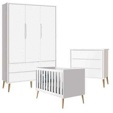 Imagem de Quarto De Bebê Theo 3 Portas Com Cômoda Gaveteiro Branco Acetinado Pés Madeira Natural - Reller
