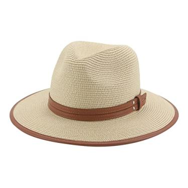 Imagem de Chapéu de palha Panamá verão feminino/masculino aba larga praia boné de sol proteção UV chapéu fedora de cowboy, Bege, Tamanho �nica