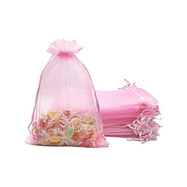 Imagem de Jexila 100 peças bolsas de organza rosa transparente 14 x 17 centímetros malha cordão jóias sacos de presente para festa de casamento chá de bebê bolsas de lembrancinha sacos de doces (rosa 5 x 7)