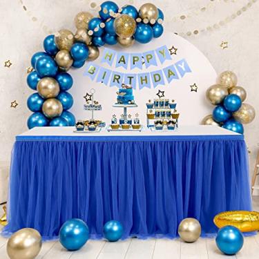 Imagem de Saia de mesa de tule azul royal para chá de bebê tutu capa de toalha de mesa para mesas retangulares de 1,8 m ou mesas redondas para recepção de casamento, chá de panela, festa de aniversário, formatura, decorações de banquete