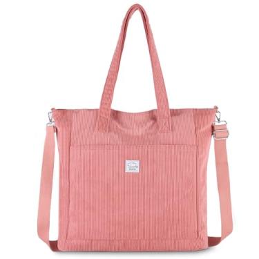 Imagem de VASCHY Bolsa feminina de veludo cotelê, casual, leve, grande, para trabalho, com zíper, Hobo, bolsa tiracolo, rosa, Large