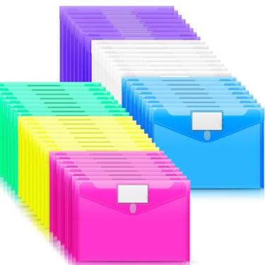 Imagem de Sooez Pacote com 48 envelopes de plástico, pastas de documentos transparentes, pastas de arquivo de plástico, envelopes de arquivo tamanho A4 com bolso para etiqueta, cores sortidas