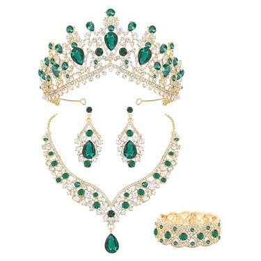 Imagem de Oriamour Tiaras e coroas para mulheres, conjunto de joias de casamento para mulheres, pacote com 5 brincos de coroa, colar, pulseira, conjunto de joias de noiva para noiva, fantasia de cristal, festa