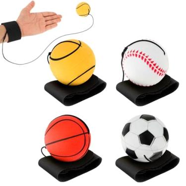 Imagem de DSLSQD Bola de retorno de pulso de 4 peças – Pulseira de borracha de 5 cm em uma bola esportiva de corda inclui basquete, beisebol e futebol para adolescentes, adultos, exercícios ou brincadeiras