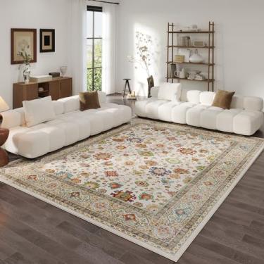 Imagem de Rugcomf Tapete de Área 20 x 25 cm para Sala de Estar, Quarto, Casa de Fazenda, Sala de Jantar, Sala de Jogos Infantil - Lavável, Antiderrapante, Boho, Vintage, Pelo Baixo, Grande - Colorido