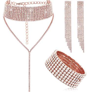 Imagem de Hicarer Conjunto de 3 peças de joias femininas com strass e borla de strass, colar de franja, brincos pendentes de cristal para festa de casamento, strass e liga metálica
