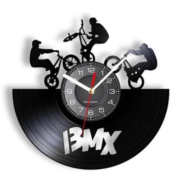 Imagem de XXIN-BNSM Relógio de parede decorativo de 30 cm estilo livre BMX bicicleta relógio de parede esportes decoração de casa bicicleta motocross álbum de vinil reutilizado relógio disco relógio jovem