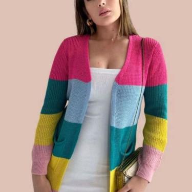 Imagem de cardigan feminino tricot colorido listrado arco iris kimono cores - M&