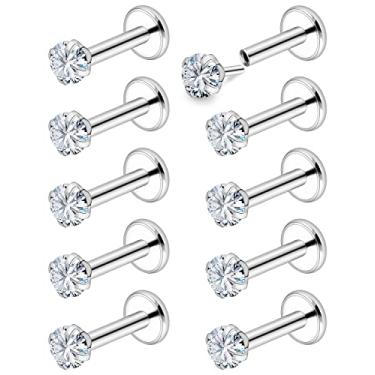 Imagem de Vsnnsns Anéis de nariz de pressão para mulheres 18G 20G sem fio aço inoxidável cirúrgico 316L Pinos de nariz em forma de L Anéis de nariz de ossos de parafuso Piercing de narina CZ 1,5 mm 2 mm 2,5 mm 3 mm Prata 10 pçs, Metal Cristal Strass, Cristal