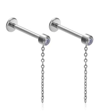 Imagem de ZYTAIJEW 2 peças de ouro/prata 16G G23 titânio bisel roscado internamente CZ e corrente rolo top labret monroe tragus cartilagem brinco piercing de nariz joia 6 mm-12 mm, Titânio, Sem Pedra Preciosa