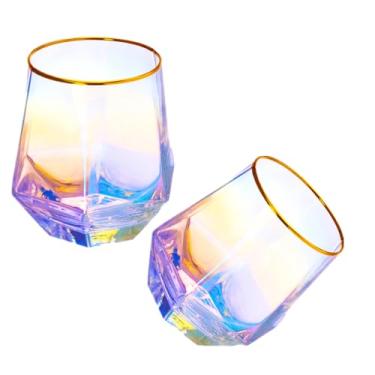 Imagem de YUHANOER Diamond Wine Glasses Set Of 2,Stemless Wine Glasses Iridescent Glassware with Gold Rim for Spirits,Cocktails,Whisky,Bourbon or Drinking Glasses,wine gifts