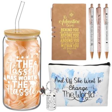 Imagem de Skylety Conjunto de 7 peças de presentes de formatura 2025 para ela Congrats Grad Gift Basket Inclui copo de vidro de 473 ml, porta-chaves A6, bloco de notas, 3 peças, caneta esferográfica, caixa de