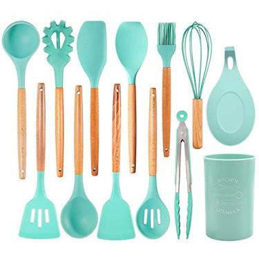 Imagem de Conjunto de utensílios de cozinha de silicone de 12 peças, conjunto de utensílios de cozinha, resistente ao calor, com alças de madeira rígida, antiaderente/fácil de limpar/livre de BPA, incluindo pontas, raspador, colher e concha de sopa, etc.