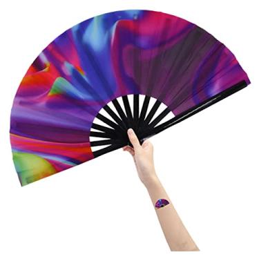 Imagem de Amajiji Grande ventilador dobrável de mão para mulheres/homens, chinês/bambu japonês e tecido de nylon dobrável, leque de mão para fãs de festivais, presentes, fãs de artesanato, leque de dança (Aurora)