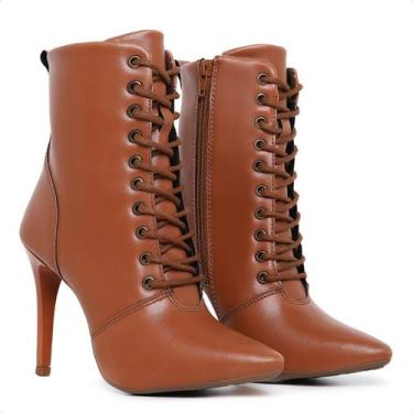 Imagem de Bota Feminina Caramelo Salto Alto Bico Fino Detalhe de Amarrar - Rizzi
