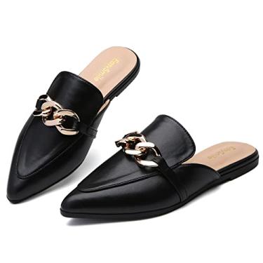Imagem de EasySmile Mules rasteiras com corrente de metal para mulheres fechadas, bico fino, slip-on, mocassins sem costas, Corrente de metal - preta, 7