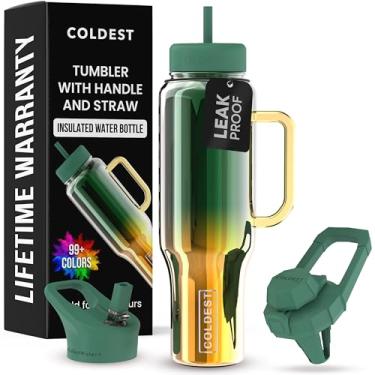 Imagem de Copo Coldest com alça e canudo - Copo 100% à prova de derramamento com canudo (3 tampas) - Copos isolados de aço inoxidável à prova de vazamento para mulheres e homens - Adequado para porta-copos