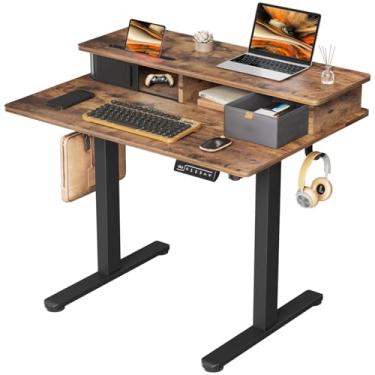 Imagem de JOY worker Mesa elétrica pequena, mesa ajustável de 89 cm x 63 cm de altura com suporte embutido para monitor e gaveta de armazenamento, mesa com 2 ganchos para escritório em casa, marrom rústico