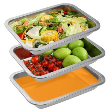 Imagem de Zorfeter 3 bandejas de aço inoxidável, à prova de poeira, para forno e lava-louças, bandejas de preparação de alimentos para dragar peitos de frango/marinar carne