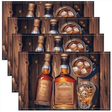 Imagem de Conjunto de 4 tapetes de mesa de uísque, copo de cerveja gelada de vinho, ambientes internos e externos, tábua de madeira antiga, lavável, durável, 30 x 45 cm