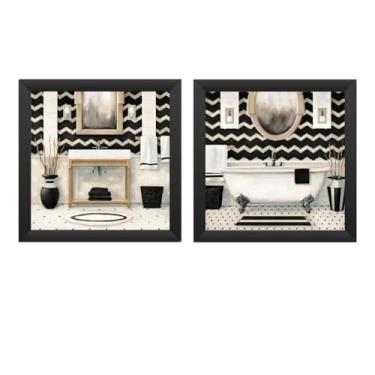 Imagem de Kit 2 Quadros Banheiro, Lavabo, Toalete, B&w, Com Vidro (Preto)