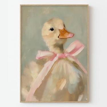 Imagem de Pôster de pato com laço arte de parede em tela de animal vintage imagem de pato vintage pintura de berçário pôsteres de animais estéticos arte de arco rosa arte de parede de berçário engraçado imagem