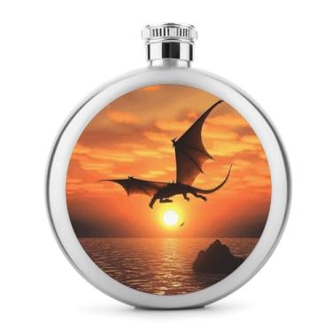 Imagem de Cantil de aço inoxidável, pôr do sol do mar, dragão voador, impressão, frasco, clássico, cantil, garrafa de viagem, garrafa portátil de licor
