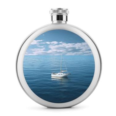 Imagem de Cantil de aço inoxidável, barco branco no mar azul impressão clássica garrafa de bolso garrafa anca garrafa de viagem garrafa portátil garrafa de metal