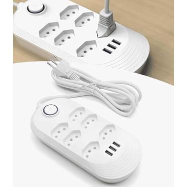 Imagem de Régua de Extensão Elétrica com 6 Tomadas, 2 Portas USB, Cabo de 2 Metros, Branco